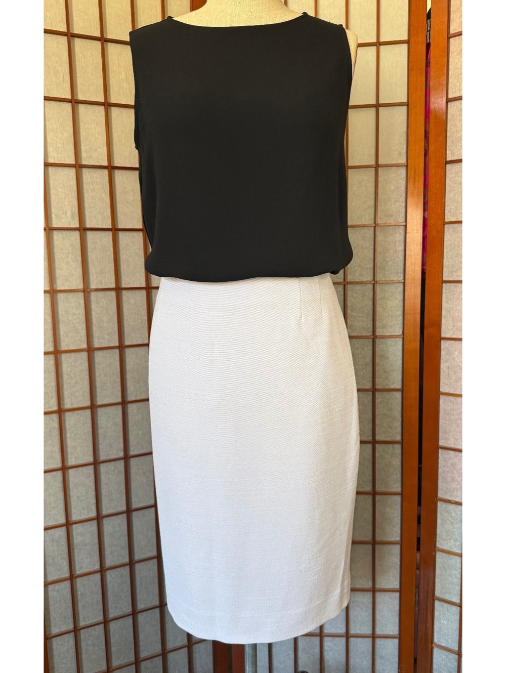 Eileen Fisher Silk Georgette Crepe Boat Neck Sleeveless Tunic Black L